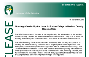NSW Medium Density Housing Code delayed again, Sep 2019 | HIA Media Release