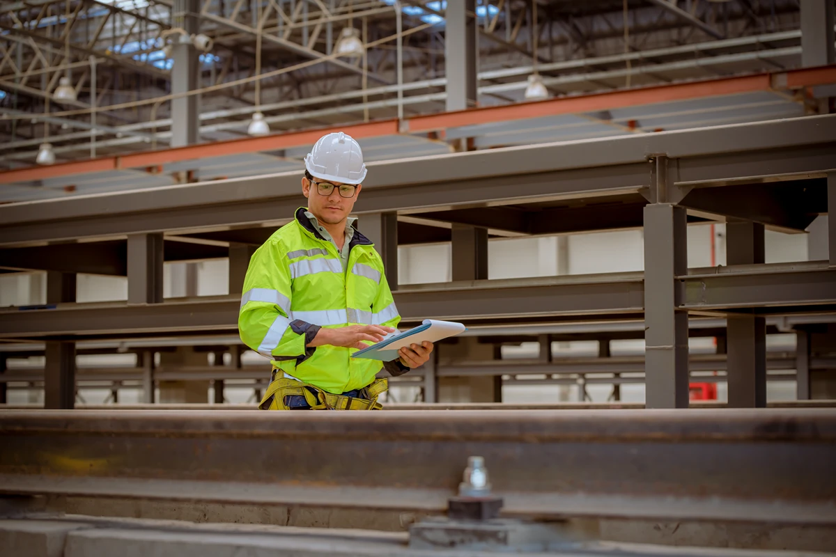 Person in protective equipment conducting mandatory critical stage inspections at a construction site